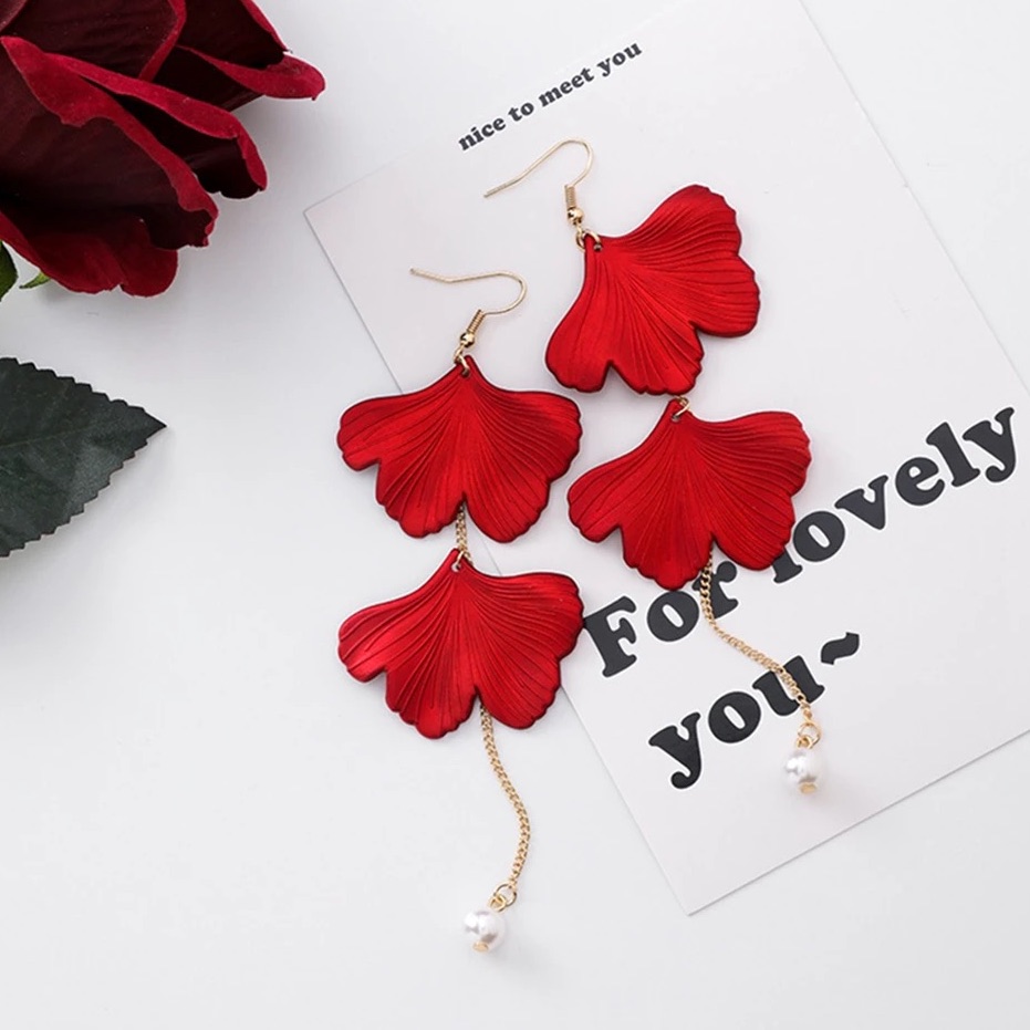 Red Flower Petals Pearl Drop Dangle Earrings 15$